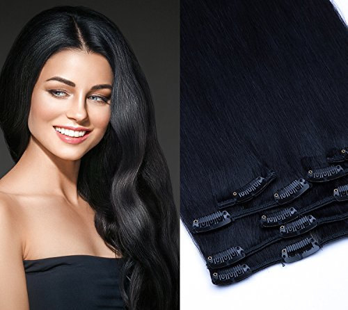 Clip In Extension Set 7 Teile glatt 45cm Haarverlängerung Haarteil 100% Remy Echthaar Clip in Hair Extension von GlamXtensions in Farbe: 01 Schwarz