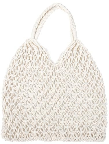 TENDYCOCO Shoulder Bag Mesh Beach Bag Woven Cotton Hollow for Women (White)