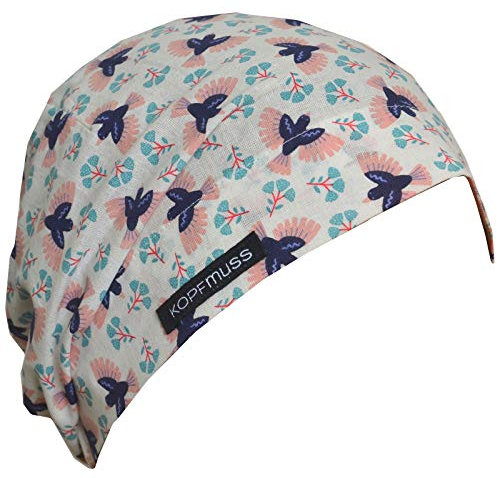 Kopfmuss - Damen Leichte Sommermütze KoS1150 - XS, Vögel Weiß/Navy/Rosa/Türkis