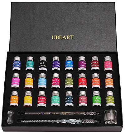 UBEART Glass Dip Pen Set,28 Pieces Calligraphy Set Includes 24 Color Plotter Inks Cleaning Cup Pen Holder 2 Crystal Glass Pens,Calligraphy Kit Ideas for Birthday Graduation Gifts Beginners