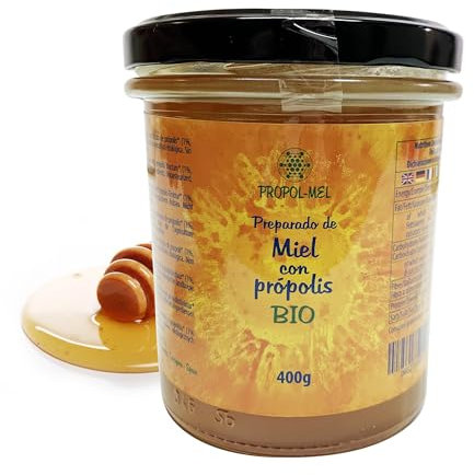 Miel à la Propolis BIO x 400 g. Propolis à l'arôme floral. Miel d'abeille aux mille fleurs à la propolis qui améliore les défenses et possède des propriétés protectrices.