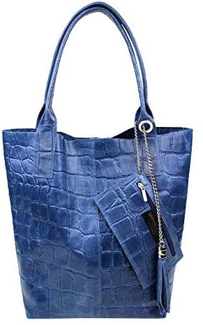 Made IN Italy Damen XXL Leder Tasche + Schmucktasche Wildleder Shopper Schultertasche Fransen Umhängetasche Quaste Kette DIN-A4 Tote Bag Jeansblau Kroko