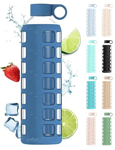 purifyou Bouteilles d'eau en verre de qualité supérieure de 81 / 56 / 350 ml avec graduations de temps et de volume antidérapantes en silicone et couvercle en acier inoxydable, jus, lait (907.2 g)