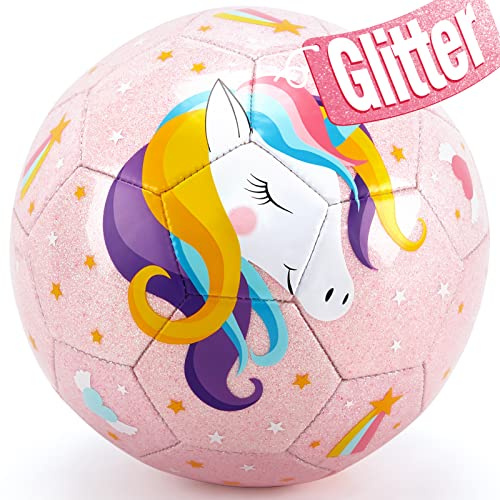 hahaland Size 3 Soccer Ball for Kids with Pump Mesh Bag, Glitter Unicorn