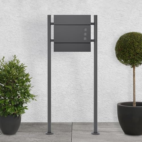 ECD Germany Standbriefkasten mit Zeitungsfach Design Briefkasten mit Pfosten, Briefkastenanlage Briefkastenständer Anthrazit 120cm Postkasten Anthrazit 37x10,5x36,5cm Edelstahl/Stahl pulverbeschichtet