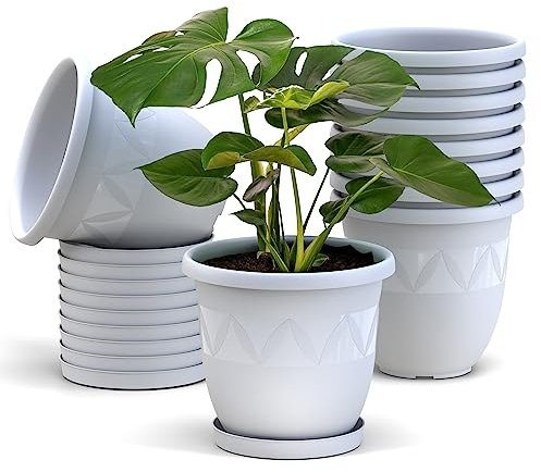 10er Set Blumentöpfe mit Untersetzer 24 cm Durchmesser Weiß runder Pflanzkübel aus Kunststoff großer Blumentopf Pflanztopf Kräutertopf für Wohnung Balkon und Garten