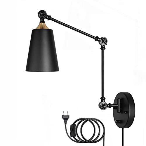 Verstellbarer langer Arm Wandleuchte mit Schalter Dimmbar Wandlampe Schwarz Schwenkbarer Arm Leselampe mit Stecker und Kabel Vintage Industrial Lampe E27 Wandbeleuchtung für Wohnzimmer Schlafzimmer