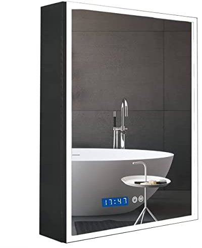 Plumbsys Armoire de Salle de Bain en Aluminium avec éclairage LED avec Miroir, Montage Mural, réglage de la luminosité, désembuage, Noir, Heure et température digitales 50x65cm