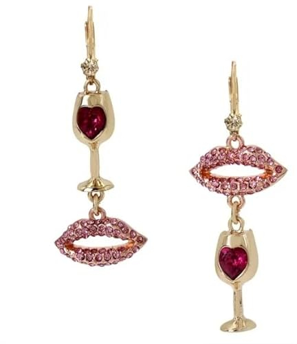 Betsey Johnson Damen Lippen Weinglas Mismatch Ohrringe Tolle Weihnachten Geschenkidee Metall Rosa Stein Kein Edelstein, Metall, rosa Stein, Kein edelstein