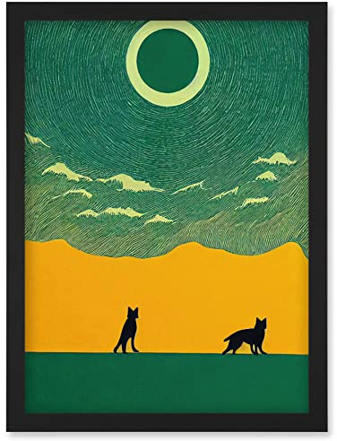 Wee Blue Coo Abstract Wolves Minimalist Surreal Sky Green Yellow Artwork Framed Wall Art Print A4