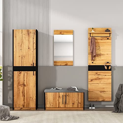 KecDuey Garderoben Set 4-teilig mit Spiegel und Sitzbank, Garderobenmöbel，Stylishe Kompaktgarderobe mit 4 Kleiderhaken, Stangen und Ablage, Praktischer Wandgarderobe