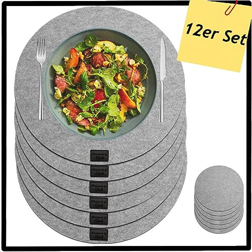 6-Teiliges Set aus Filz Tischuntersetzer Platzset Tischläufer, Platzdeckchen abwaschbar Filzmatte (Rund 6 STK., Grau)