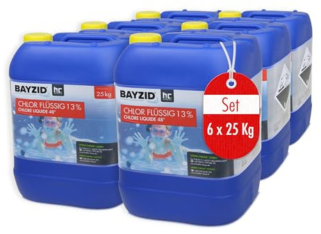 Bayzid® Chlore Liquide 48° – Désinfectant Rapide pour Piscine – Bouteille 6 x 25 kg (150 kg) – 13-15% de Chlore Actif – Clarifiant Eau Cristalline – Idéal Spa, Jacuzzi, Pataugeoire