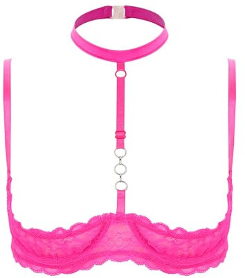 inlzdz Femme Soutien-Gorge Ouvert Sein Nu Bra Brassière Dentelle Transparent Lingerie Plaisir Erotique sous-vêtements Bralette Push Up Babydoll Nightwear Clubwear S-5XL Type F Rose Vif XXL