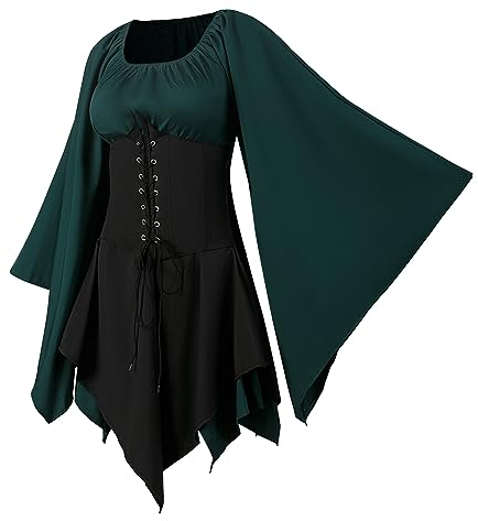 NFAOEGJ Traditional Irish Renaissance Medieval Costume for Women - Green Short Dress With Corset and Long Trumpet Sleeve - Halloween Victorian Outfit (Green, XXL)