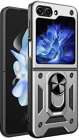 ESTH® Case for Samsung Galaxy Z Flip5 with Slide Camera Cover, Military Grade Shockproof Protective Cover with Rotatable Metal Ring Kickstand [Support Magnetic Car Mount], Silver
