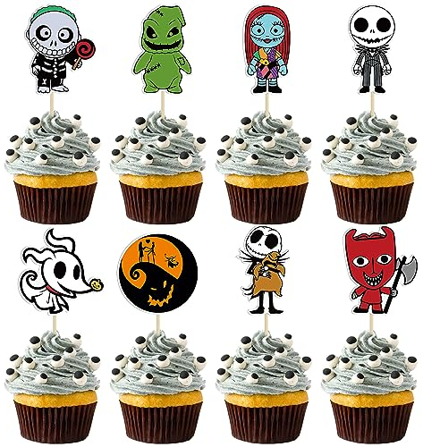 Gyufise Skellington Halloween-Cupcake-Topper, Glitzer, Totenkopf, Geist, Cupcake-Picks für Nightmare Before Christmas, Thema, Hochzeit, Jahrestag, Geburtstag, Party, Kuchendekoration, Zubehör, 40