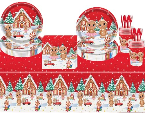 69 piezas de vajilla de plástico para fiesta de Navidad, platos de papel, servilletas y tazas para decoración de mesa de fiesta de Navidad, juego de vajilla de hombre de jengibre rojo para suministros