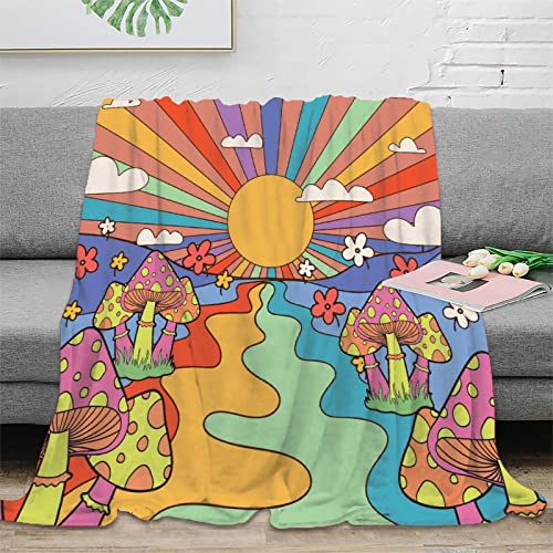 Vintage Sonne und Regenbogen 70er Jahre Überwurfdecke für Couch, abstrakte niedliche Pilzblume Sonnenuntergang Sonnenaufgang Kunst Bettdecken, weiche und warme Decken für den Winter, 150 x 200 cm