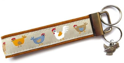 Schlüsselanhänger Schlüsselband Hühner in rot oder ocker mit beige aus Baumwollstoff und Webband (ocker, mit Huhn-Anhänger)