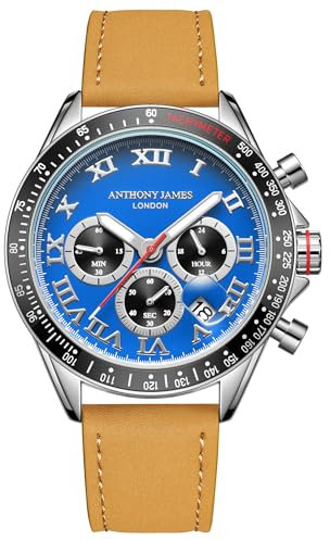 Anthony James Tachymeter Chrono-Armbanduhren für Herren – Rückseite aus Stahl, Analog, Armband aus Edelstahl, handmontiert, Wasser- und Kratzfeste Herrenuhr – (Stahl Blau)
