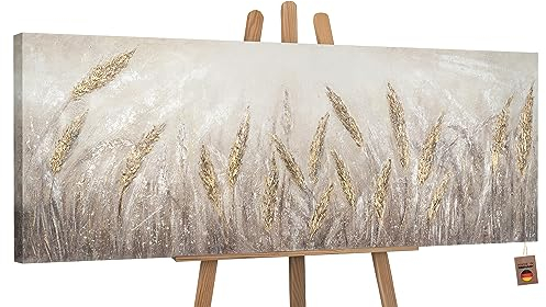 YS-Art Abstrakt Acryl Gemälde auf Leinwand Dämmerung handgemalt Wandbilder Wohnzimmer modern Wohndekor Design Bild braun Gold horizontal echte Kunst 150x50 cm