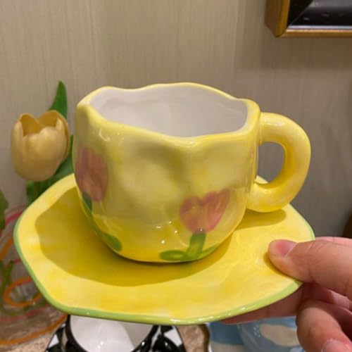Disoza Juego De Taza De Café Con Platillo Taza Tulipán Amarillo Regalos Para Mujeres Taza De Café Té 250ml Taza De Cerámica Regalo De Cumpleaños Para Mujer Novia Niña Mamá