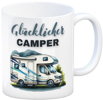 speecheese Wohnmobil Kaffeebecher mit Spruch Glücklicher Camper Wohn-Wagen Gemüt Anhänger für Campingfreuden Mobiles Heim als Kaffeepause Unterkunft