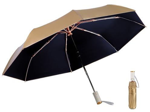 LCY Automatischer Regenschirm, Sonnenschirm mit UV-Schutz, faltbar, klein, leicht, kompakt, goldfarben, Schwarz, Einheitsgröße