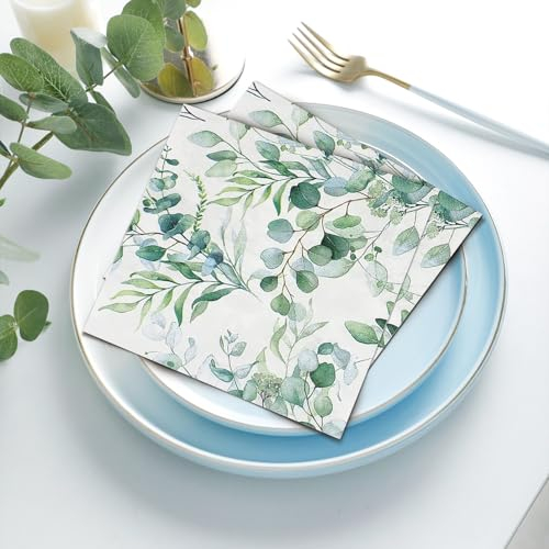 Ezydka 80 Stücke Servietten Eukalyptus 33x33 cm Servietten Grün Servietten Hochzeit Eukalyptus Papierserviette für Tisch Dekorationen Taufe Deko Garten Hochzeit Party Kommunion