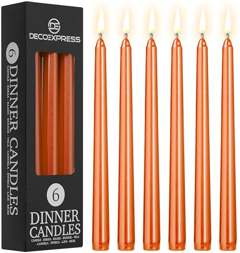DECO EXPRESS Stabkerzen Set 6er, 10, 15 oder 50er, Lange Brenndauer bis zu 8 Std, Geruchslos (Metallisch Orange - 6er-Pack)