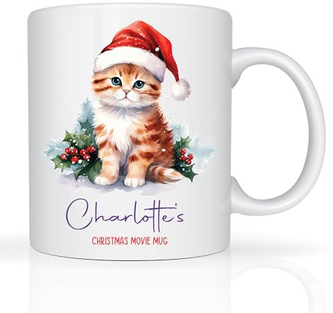Star Online Personalised Christmas Coffee Mug 11oz Ceramic Cup Custom Name Mugs Festive Xmas Eve Secret Santa Party Gifts for Kids, Family Presents (Kitten Santa Hat)