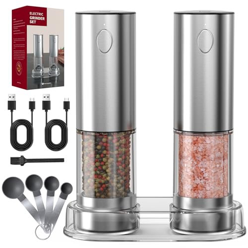 Oneyus Juego de molinillos de sal y pimienta eléctricos, recargable por USB, con cuchara medidora, acero inoxidable, juego de 2 molinillos de especias, finura ajustable con luz LED con cepillo con