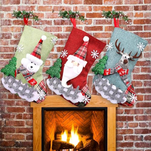 FUKPO Calcetines Navidad Chimenea, Calcetines Navideños para Colgar Personalizados Botas de Navidad Decoracion Hogar, Christmas Stockings Calcetin Navidad Personalizado Calcetín Papa Noel Adornos