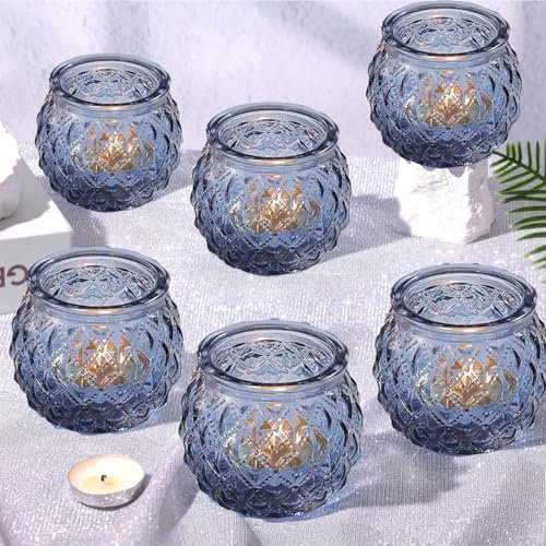 12 Pcs Bougeoirs en Verre pour Bougies Chauffe-Plat, Bougeoirs Transparents pour Bougies Chauffe-Plat pour Centre de Table, Mariage, décoration d'intérieur (Bleu)