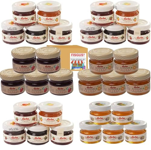 30 Mini Gläser - 15 x Darbo Konfitüre 5 Sorten - 5 x Darbo Blütenhonig - 2 x 5 Darbo Konfitüre zuckerarm 2 Sorten - Ein Bundle von FISGUS® by krass-shoppen-de