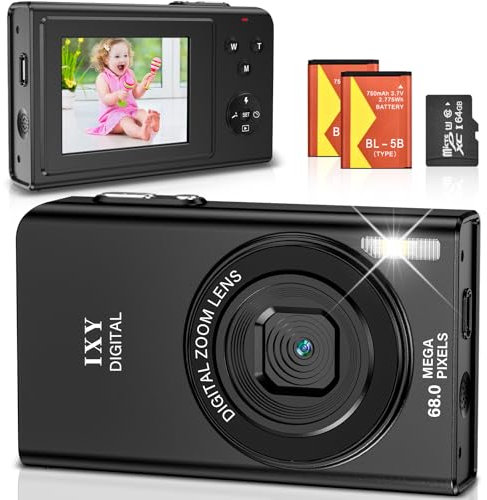 Cámara de Fotos 68MP 4K Cámara Digital Compacta con Zoom 16X 2,4 LCD Compacta Portátil Cámara con Tarjeta 64GB para Niños Principiantes Adulto (Negro)