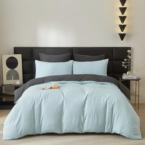 Gezu Cotton Bed Linen 220 x 200 cm Blue Baby Blue Grey 3-Piece Plain Aesthetic Double Bed Soft Cotton Bed Linen Reversible Bed Linen Duvet Cover 220 x 200 cm and 2 Pillowcases 80 x 80 cm with Zip