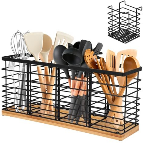 Porte-ustensiles de cuisine en acier inoxydable avec 4 + 1 compartiments en bois - Récipient pour ustensiles de cuisine avec plateau amovible - Grand bol pour couteaux, cuillères et accessoires de