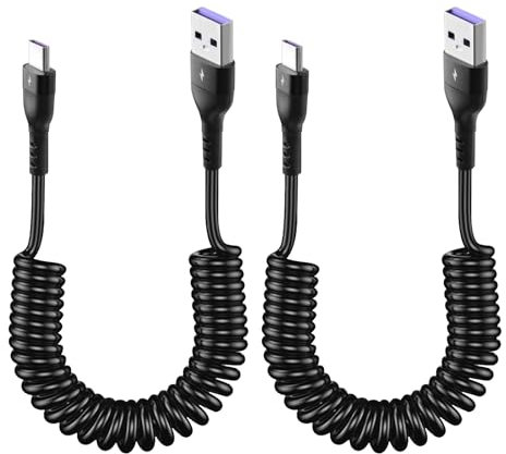 Yewseas 2 PCS Cable en Espiral USB C a USB A, Negro, 0,4m, para Carga Rápida y Transferencia de Datos, Compatible con Android Auto y Dispositivos Móviles, Diseño Ajustable y Durable