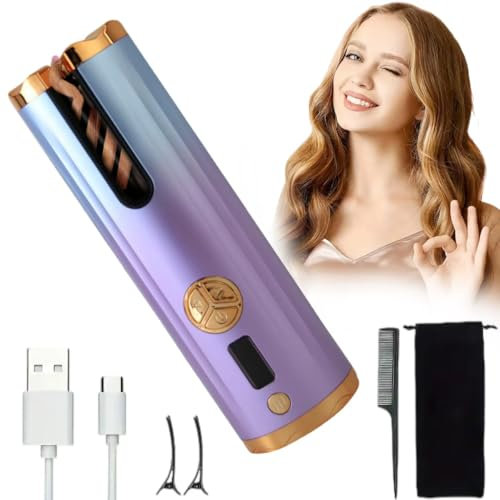 EMEBAY - Rizador de pelo inalámbrico recargable, rizador antigrietas con temporizador y 6 temperaturas, plancha de pelo automático rotativo degradado de color