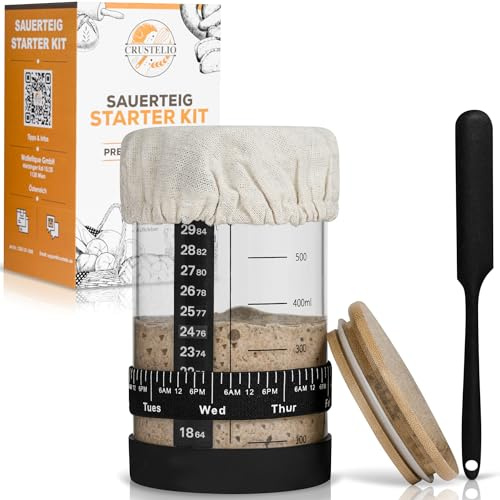 Crustelio Sauerteig Starter Set, 700 ml Gärglas aus Borosilikatglas mit Spatel, Thermometer & Fütterungsband, Komplettes Sauerteig Starter Kit
