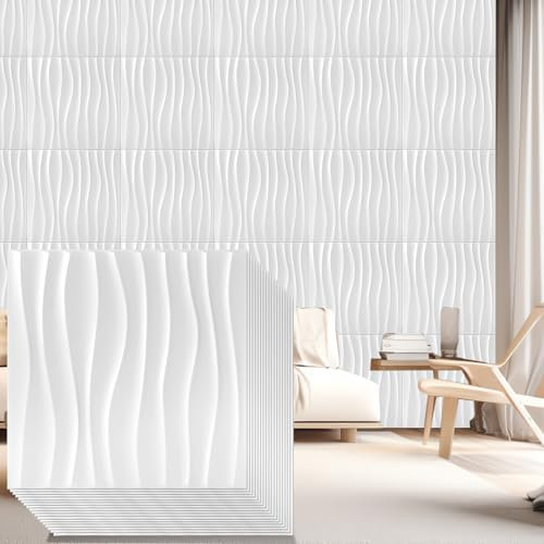Nuanchu 48 Pcs 3D Wall Panels 12 x 12 Inch PVC Wavy Textured Accent Brick Wall Tiles for Interior Ceiling Studio Hotel Office Gaming Lobby Living Room Bedroom Bathroom TV Background(White)