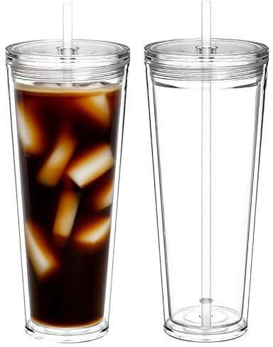Yisituo 2 Pack 710ml Iced Coffee Cup, Plastic Tumbler with Straw and Lid, Reusable Double Wall Water and Cold Cups (2, Clear)