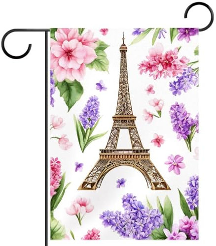 Kunst-Polyester-Gartenflagge, Banner, 30 x 45 cm, Willkommensflagge für Sommer, Bauernhaus, Urlaub, Außendekoration, Eiffelturm, Lavendel, Flieder