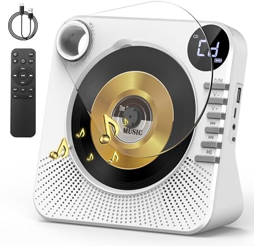 Greadio Portable CD Player with Bluetooth 5.1, CD Players for Home, CD Music Player with Speakers, Remote Control, Dust Cover, LCD Display, HiFi Sound, AUX/USB Playback, Earphone Jack (White)