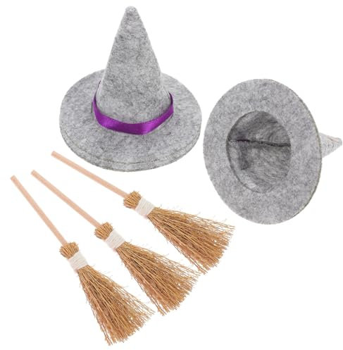 Healifty 3 Set of Halloween Witch Hat and Broom Set Mini Witches Hats for Party Cake Topper Birthday Favors Decorations