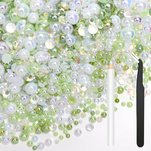 Bouiexye 80g Mix Halbperlen und Glitzersteine für Kunsthandwerk Grün Weiß Strasssteine für Kleidung Basteln Gesicht Nagelkunst Flaschen Becher Schuhe Geschenke DIY Schillernd (2–10 mm)