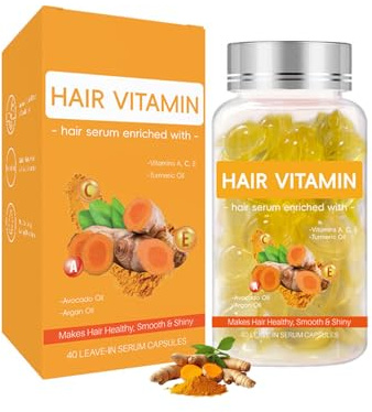 Sérum vitaminé pour cheveux au curcuma, 40 capsules d'huile de traitement capillaire pour cheveux secs et abîmés, après-shampoing sans rinçage avec huile de curcuma, d'argan et d'avocat aide à réduire