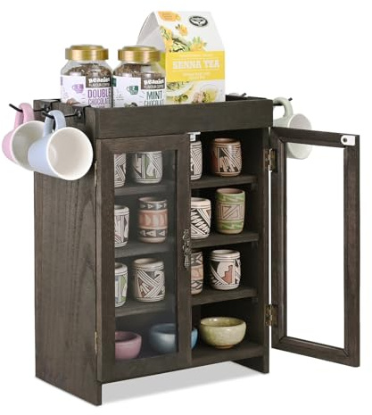 Ikee Design Kleiner Holzschrank mit verstellbaren Regalen und abnehmbaren Haken, perfekt für Parfüm, Speisekammer, ätherisches Öl, 26 x 15 x 37 cm, Dunkelbraun